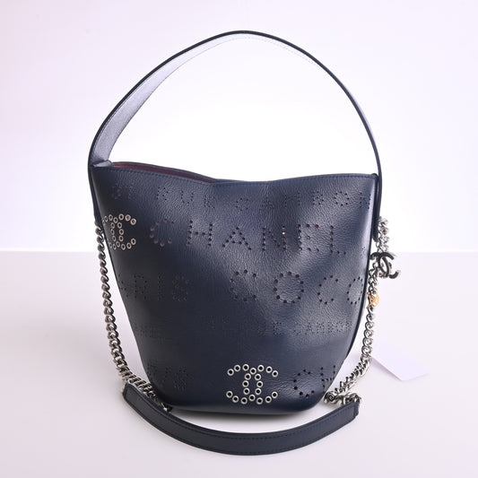 Punched leather Coco mark chain shoulder navy silver hardware 27 series