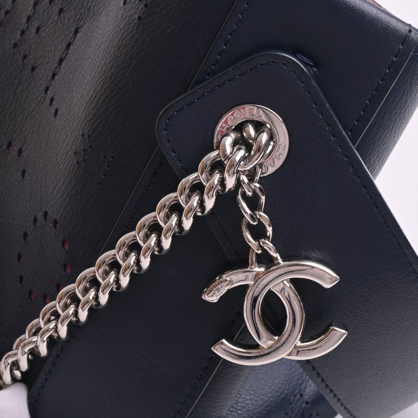 Punched leather Coco mark chain shoulder navy silver hardware 27 series