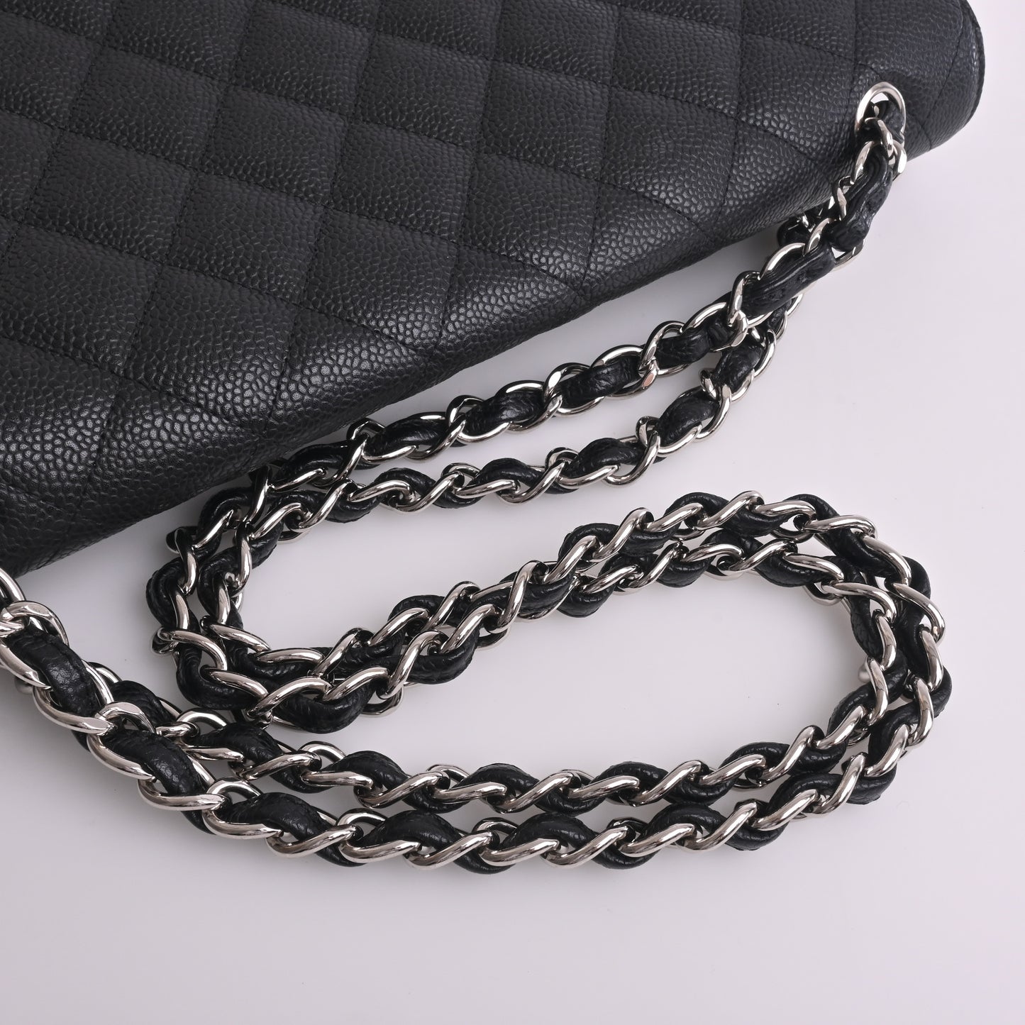 Caviar skin deca-matelasse chain shoulder bag, black, silver hardware, 13th series