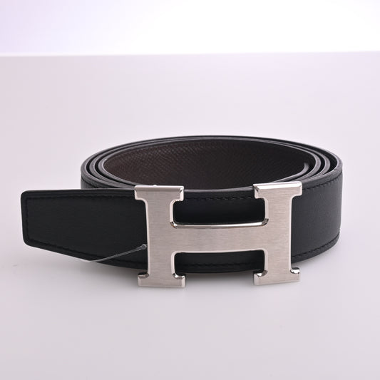 Leather H-belt, black, silver hardware, X engraving