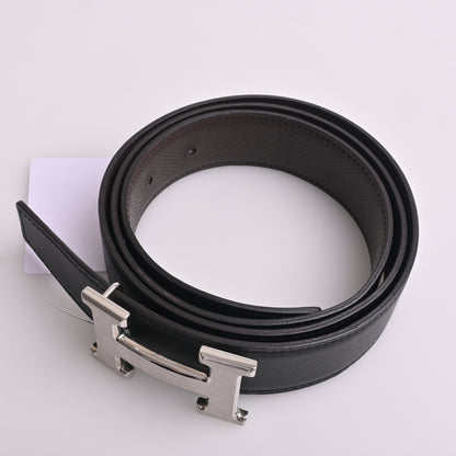 Leather H-belt, black, silver hardware, X engraving