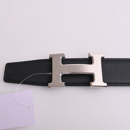 Leather H-belt, black, silver hardware, X engraving