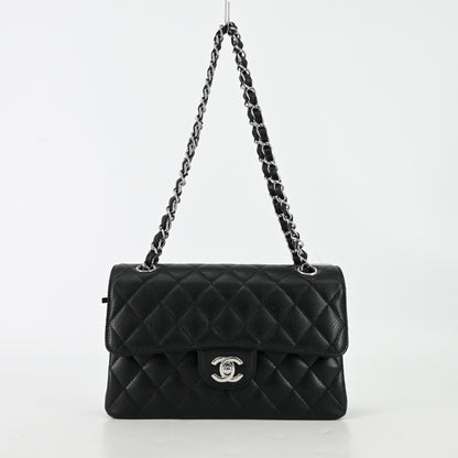 Caviar skin, matelassé, double flap, double chain shoulder, silver hardware, IC chip