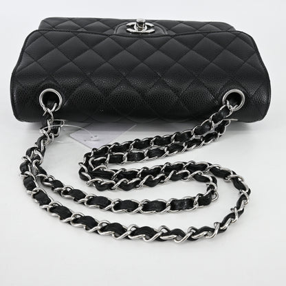 Caviar skin, matelassé, double flap, double chain shoulder, silver hardware, IC chip