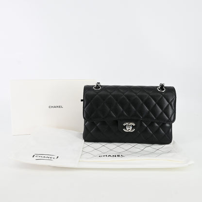 Caviar skin, matelassé, double flap, double chain shoulder, silver hardware, IC chip