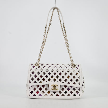 Leather S flap double chain shoulder bag, white x purple, G metal fittings, 31 series