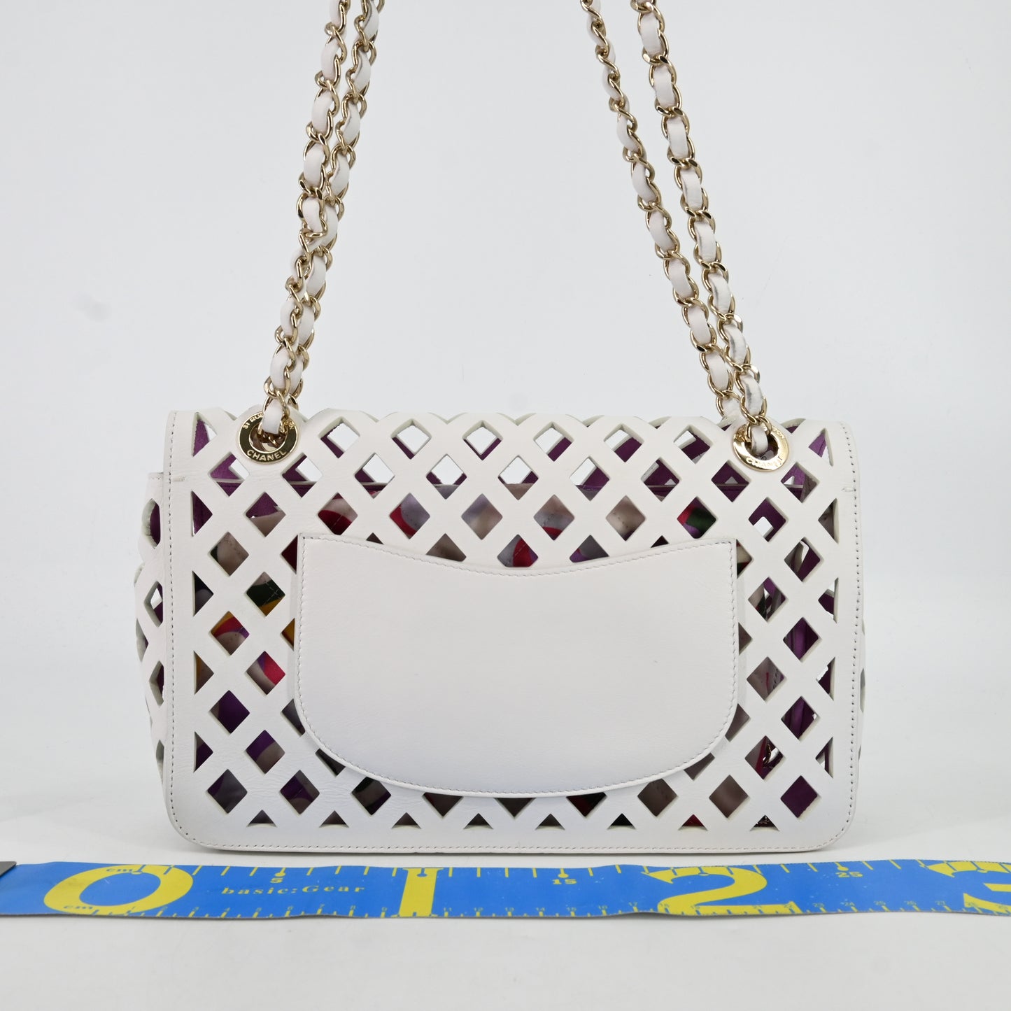 Leather S flap double chain shoulder bag, white x purple, G metal fittings, 31 series