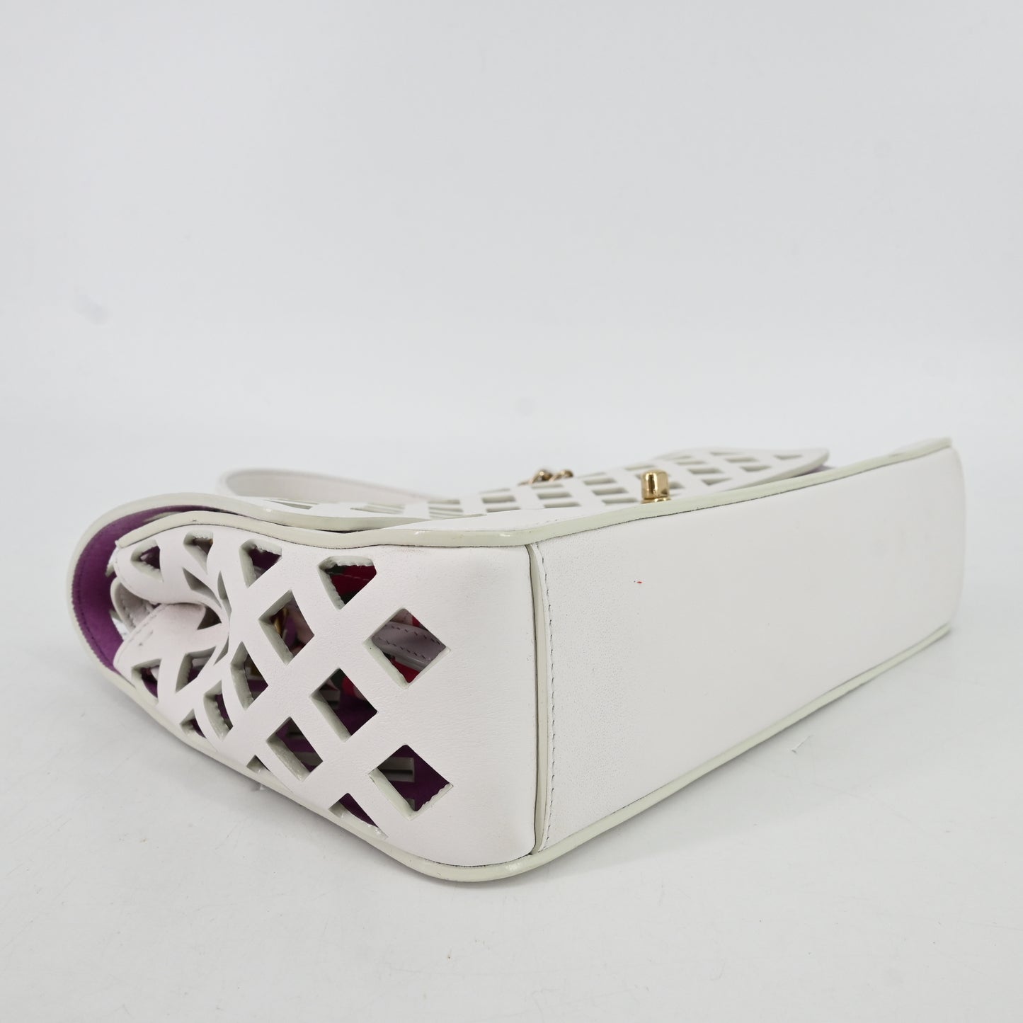 Leather S flap double chain shoulder bag, white x purple, G metal fittings, 31 series