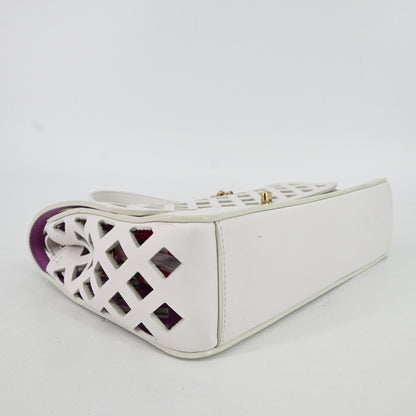 Leather S flap double chain shoulder bag, white x purple, G metal fittings, 31 series