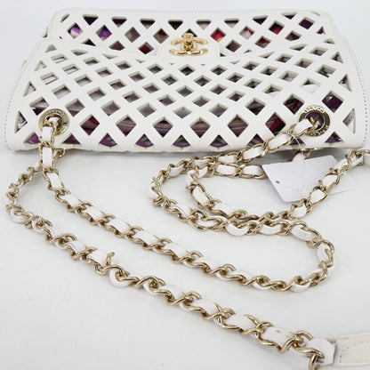 Leather S flap double chain shoulder bag, white x purple, G metal fittings, 31 series