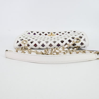 Leather S flap double chain shoulder bag, white x purple, G metal fittings, 31 series