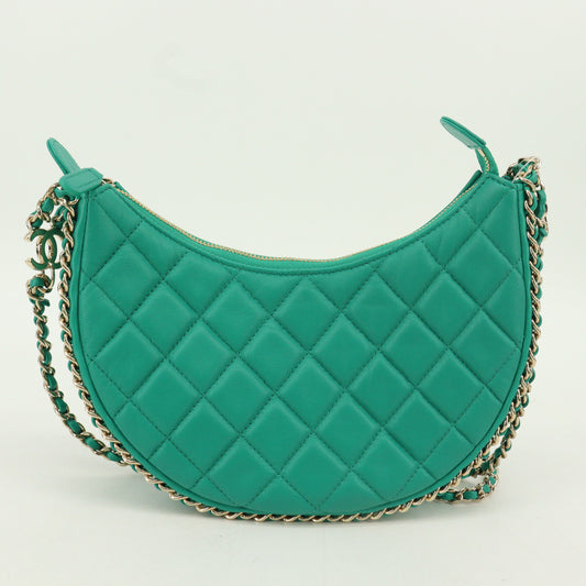 Lambskin Matelasse Moon Chain Shoulder Bag Green G Metal Fitting IC Chip