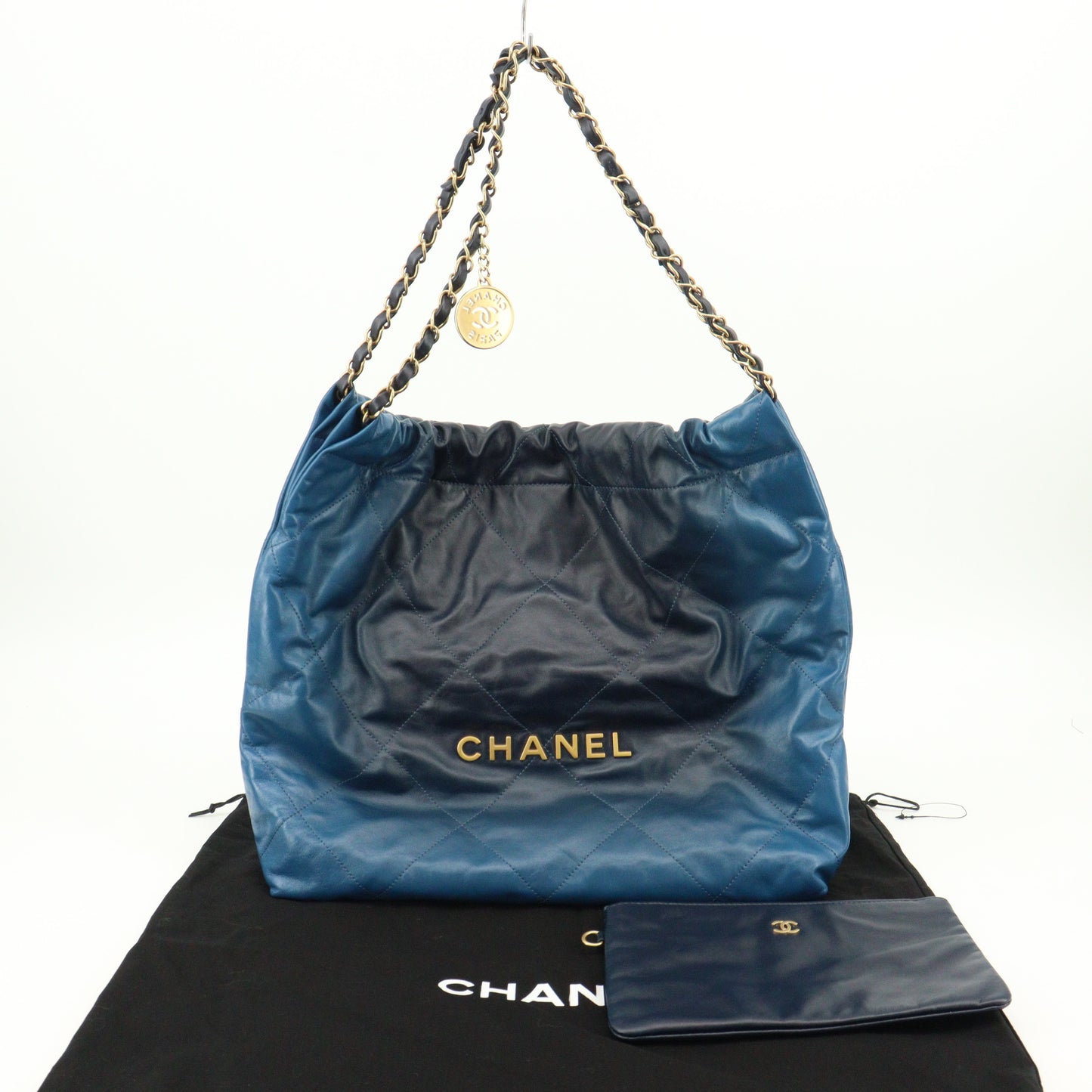 Chanel 22 Chain Handbag in Blue Lambskin with G Hardware and IC Chip