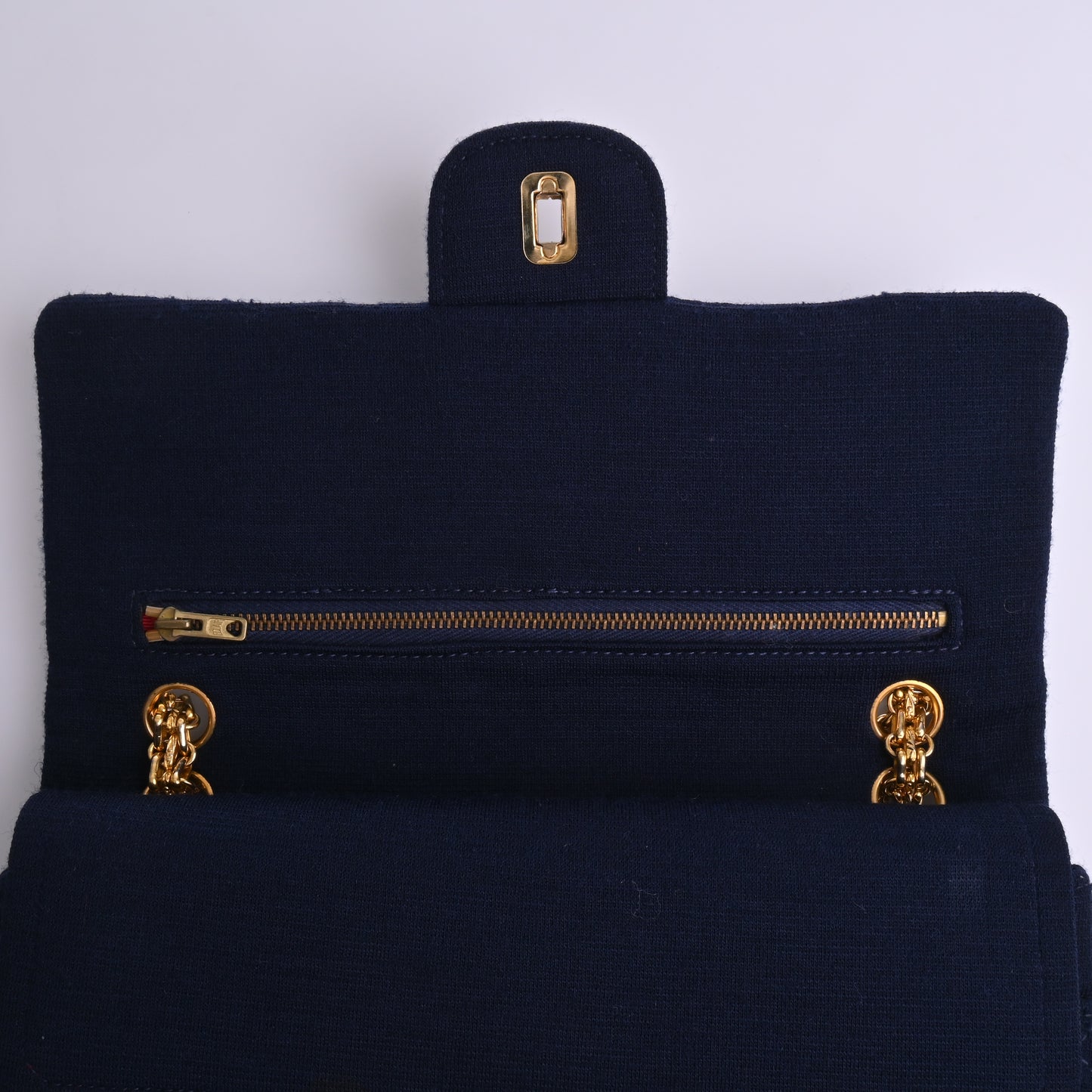 Cotton Matelasse 26cm W/W Chain Shoulder Bag Navy G Metal Fittings No Seal