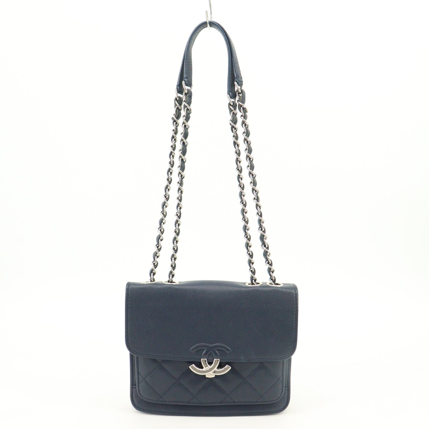 Leather Matelasse Chain Shoulder Bag Navy Silver Hardware 25 Series