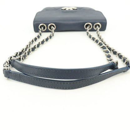 Leather Matelasse Chain Shoulder Bag Navy Silver Hardware 25 Series