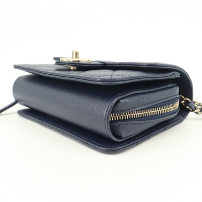 Caviar Skin Matelasse Chain Shoulder Bag Navy G Metal Fittings IC Chip