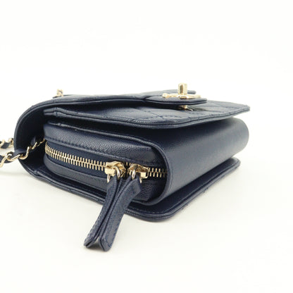 Caviar Skin Matelasse Chain Shoulder Bag Navy G Metal Fittings IC Chip