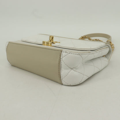 Leather Matelasse Chain Shoulder Bag Beige x White G Metal Fittings 28 Series