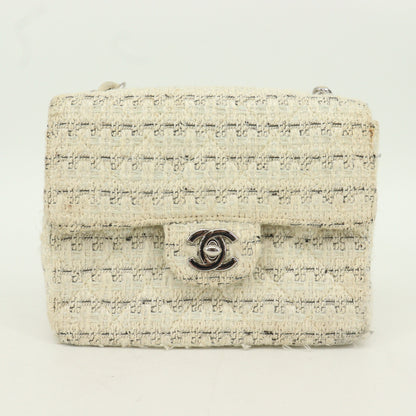 Tweed Mini Matelasse Chain Shoulder Bag, Silver Metal Fittings, Ivory, Series 9