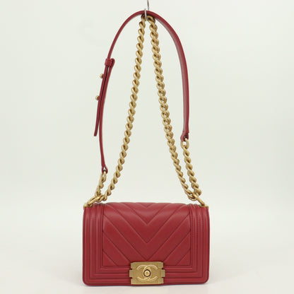 Leather Boy Chanel Chain Shoulder Bag Red G Metal Fittings 28 Series