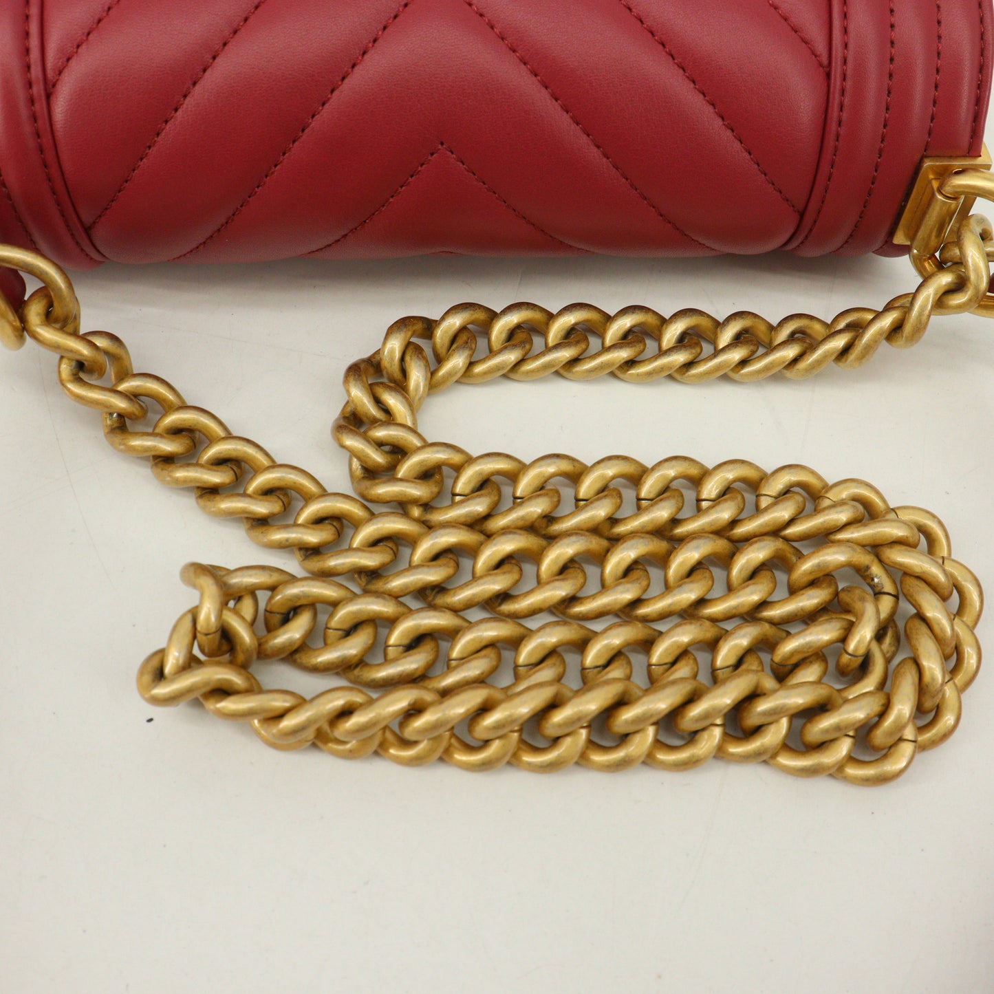 Leather Boy Chanel Chain Shoulder Bag Red G Metal Fittings 28 Series