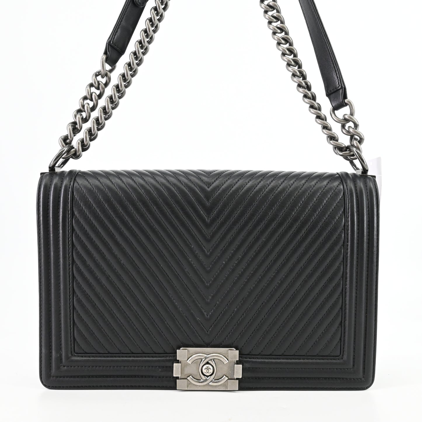 Leather V-stitch Boy Chanel chain shoulder bag, black, BK hardware, 20 series