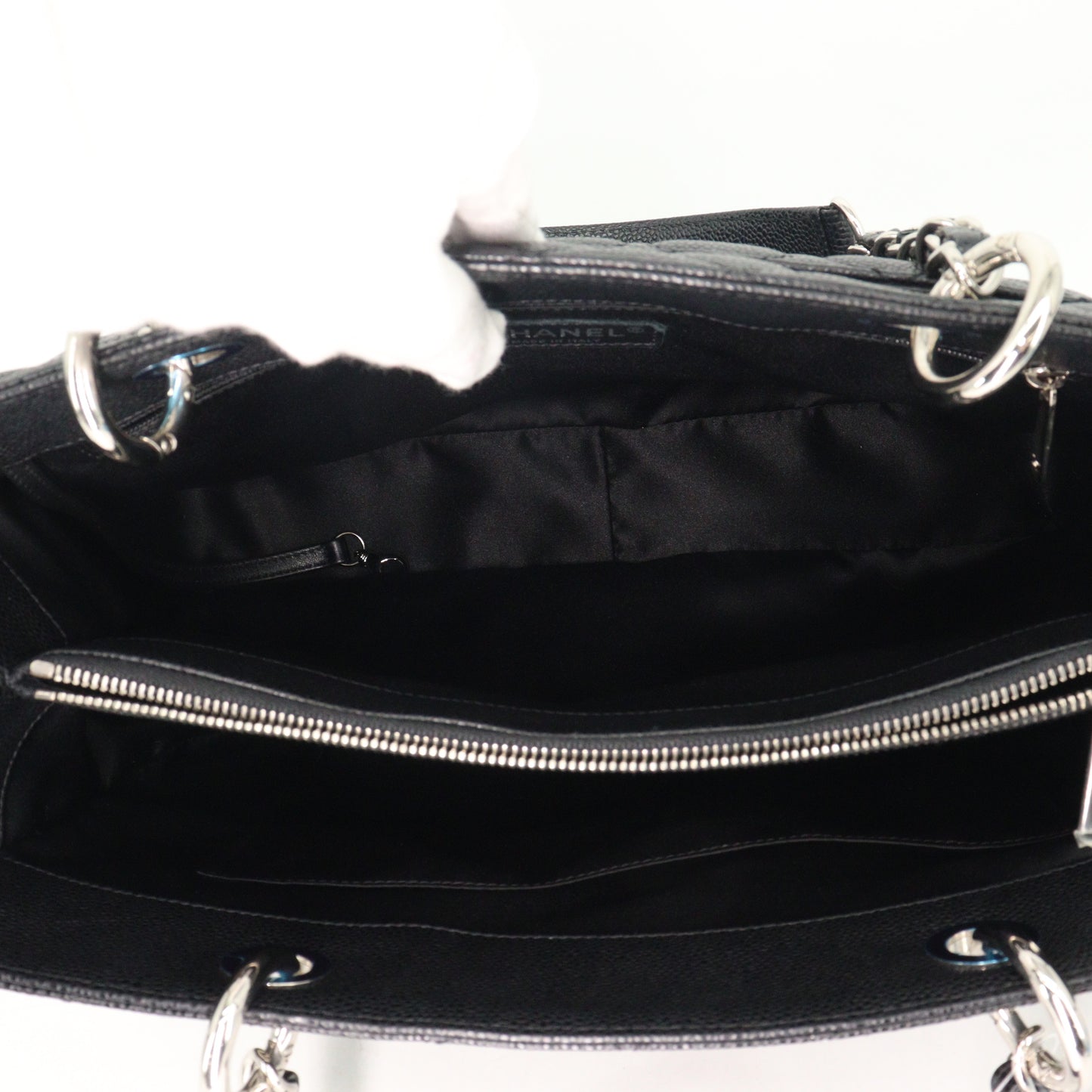 Caviar skin tote bag, black, silver hardware, 19th series