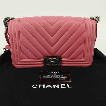 Lambskin V-stitch Boy Chanel chain shoulder bag, pink, BK hardware, 26th series