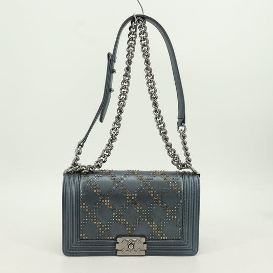 Leather Bijou Boy Chanel Chain Shoulder Bag Blue Metallic Silver Hardware 25th Series