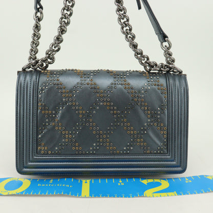 Leather Bijou Boy Chanel Chain Shoulder Bag Blue Metallic Silver Hardware 25th Series