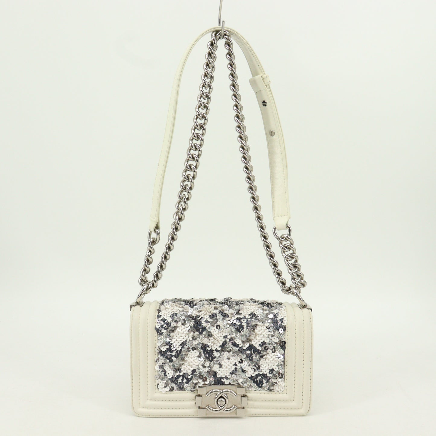 Leather x Sequin Boy Chanel Chain Shoulder Bag White Silver Hardware 28th Series