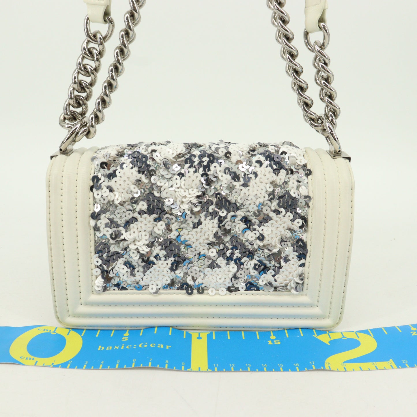 Leather x Sequin Boy Chanel Chain Shoulder Bag White Silver Hardware 28th Series