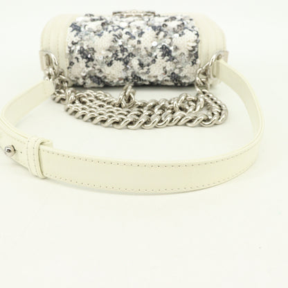 Leather x Sequin Boy Chanel Chain Shoulder Bag White Silver Hardware 28th Series