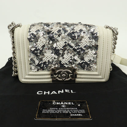 Leather x Sequin Boy Chanel Chain Shoulder Bag White Silver Hardware 28th Series