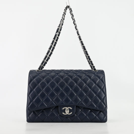 Caviar Skin Deca Matelasse W Flap W Chain Shoulder Bag Navy Silver Metal Fittings 15 Series