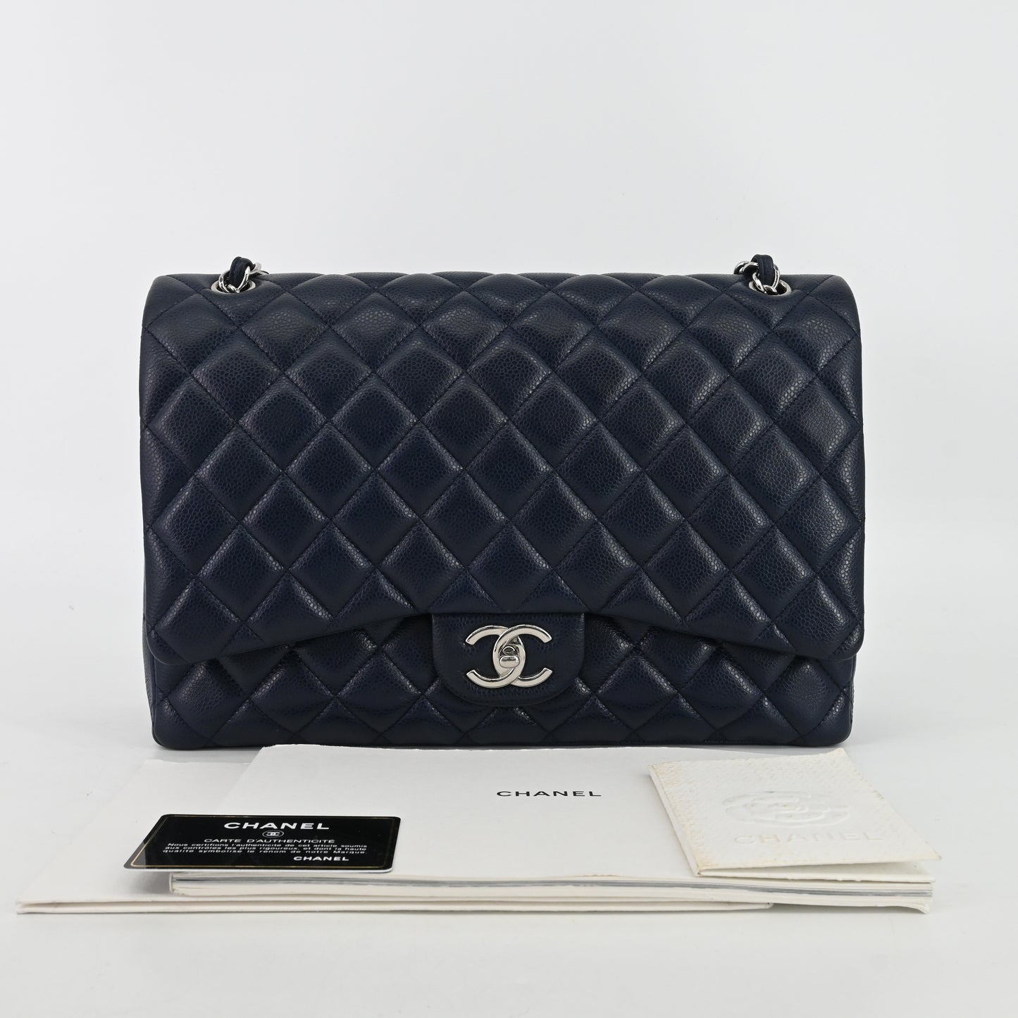 Caviar Skin Deca Matelasse W Flap W Chain Shoulder Bag Navy Silver Metal Fittings 15 Series