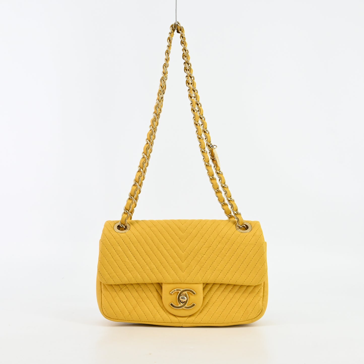 Leather V-stitch chain shoulder bag Yellow G metal fittings 21 series