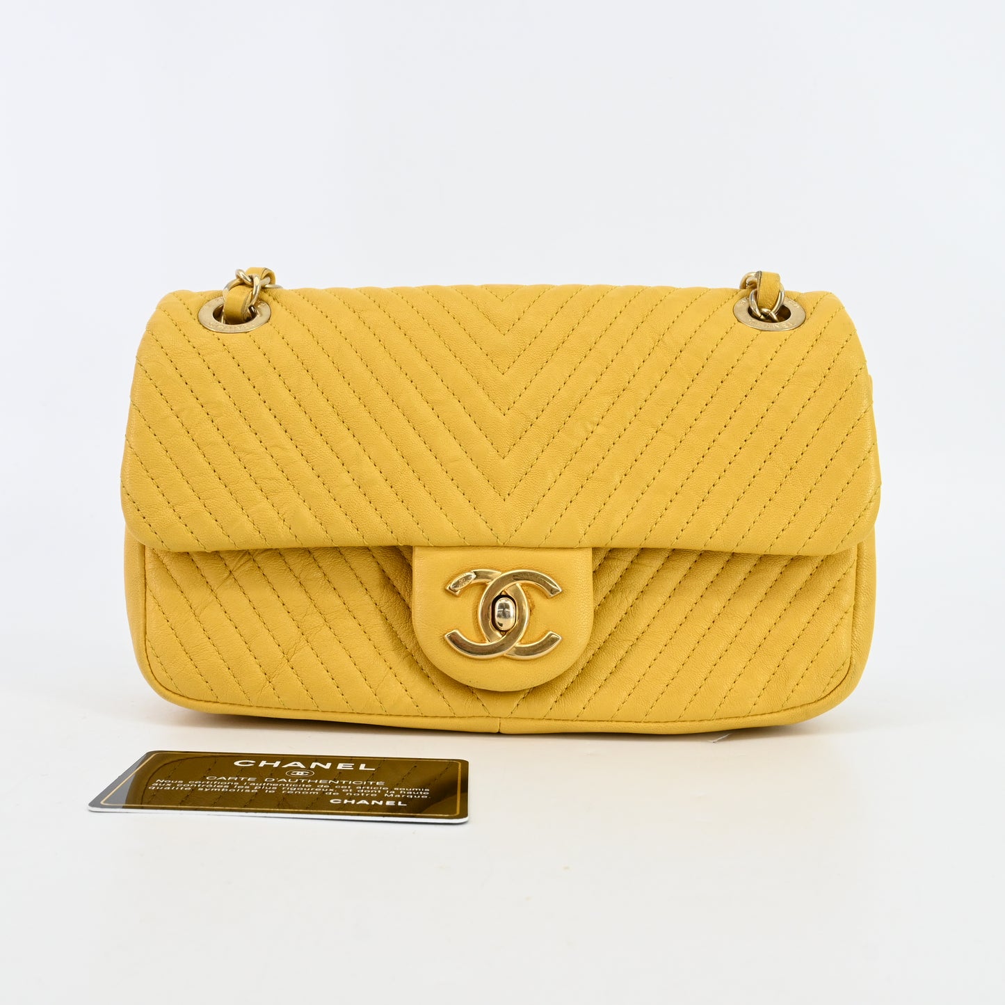 Leather V-stitch chain shoulder bag Yellow G metal fittings 21 series