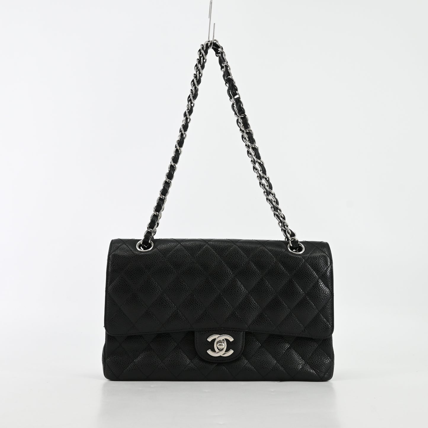 Caviar Skin Matelasse W Flap W Chain Shoulder Bag Black Silver Metal Fittings 14th Series