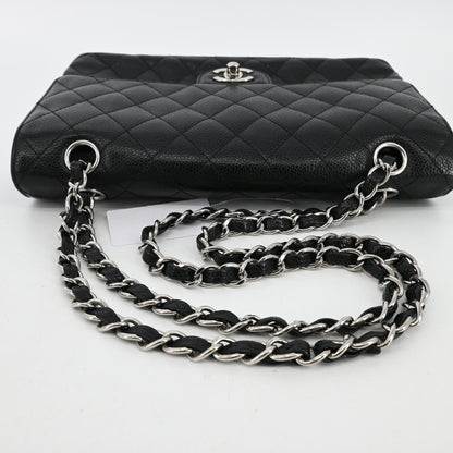 Caviar Skin Matelasse W Flap W Chain Shoulder Bag Black Silver Metal Fittings 14th Series