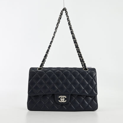 Caviar skin matelassé double flap double chain shoulder bag navy silver hardware 19 series