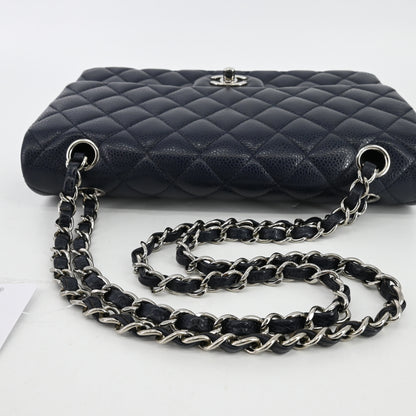 Caviar skin matelassé double flap double chain shoulder bag navy silver hardware 19 series