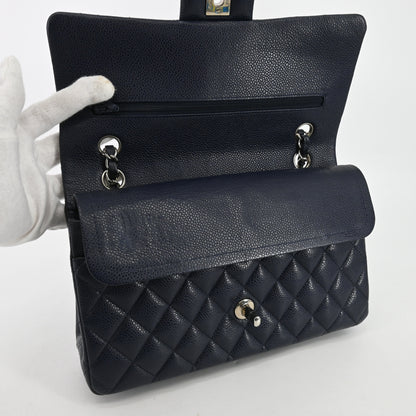 Caviar skin matelassé double flap double chain shoulder bag navy silver hardware 19 series