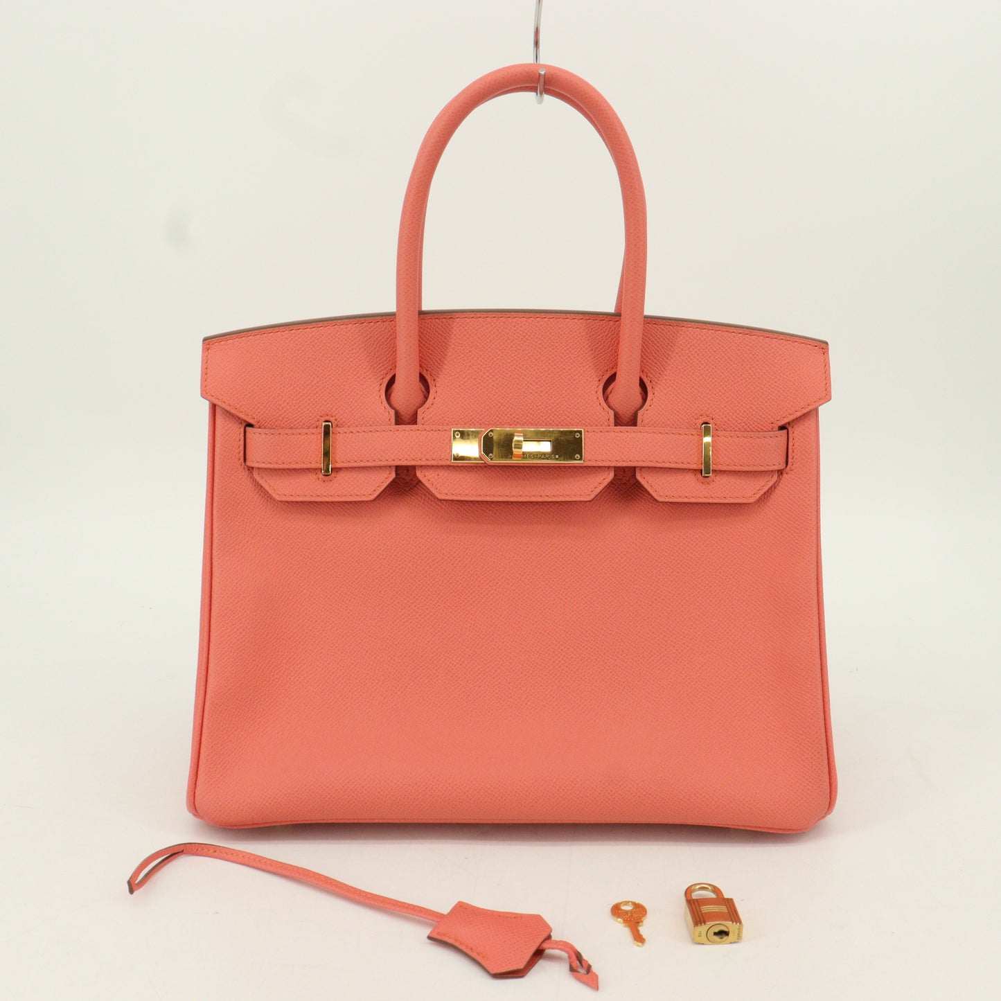 Epsom Birkin 30 Flamingo G hardware, unclear engraving