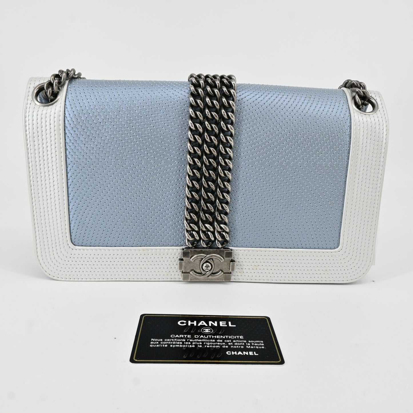 Leather Boy Chanel Chain Shoulder Bag Metallic Blue BK Hardware 17th Series