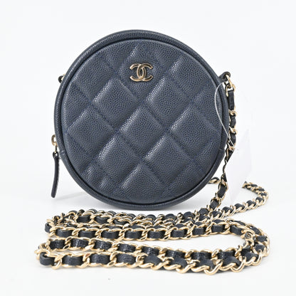 Caviar skin round chain shoulder bag, navy, G hardware, 26th series