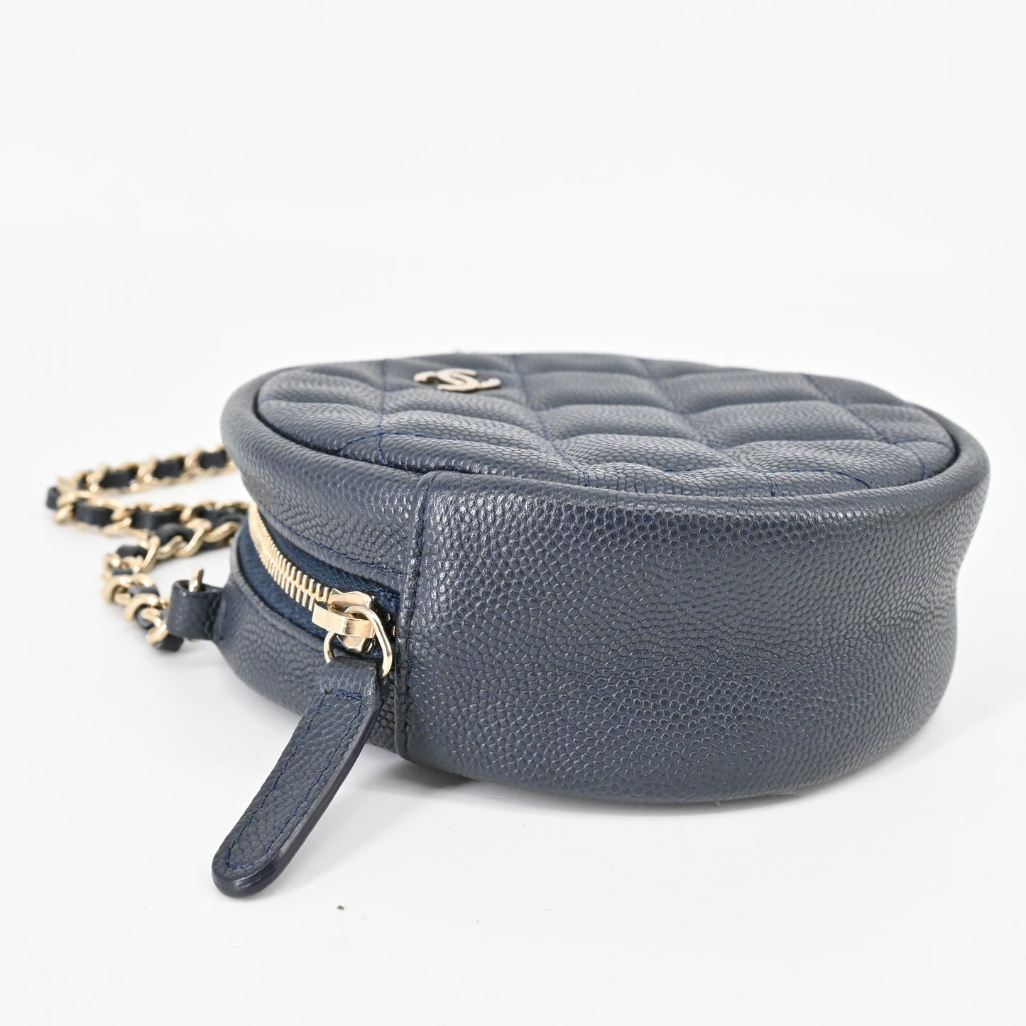 Caviar skin round chain shoulder bag, navy, G hardware, 26th series