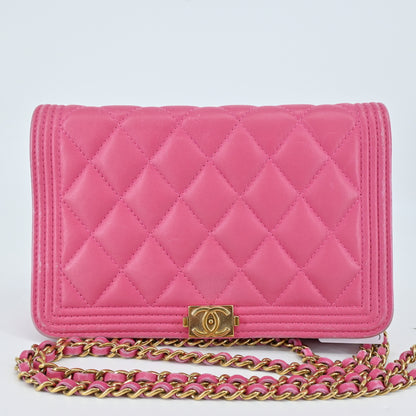 Leather Boy Chanel Chain Wallet Pink G Metal Fittings 24th Series