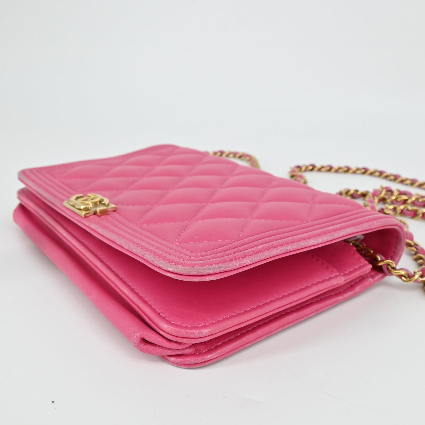 Leather Boy Chanel Chain Wallet Pink G Metal Fittings 24th Series